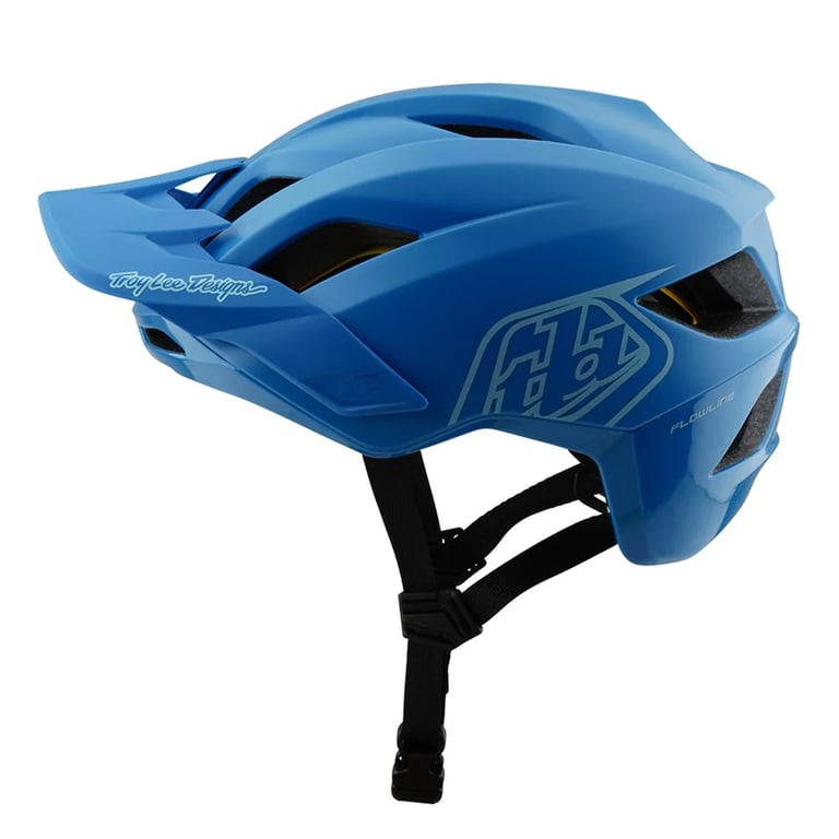 Blue Troy Lee Designs Flowline Mips kids mountain bike helmet with visor and vents, side profile view.