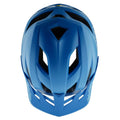 Top view of a matte blue TLD Flowline Mips kids mountain bike helmet with large ventilation ports and a visor.