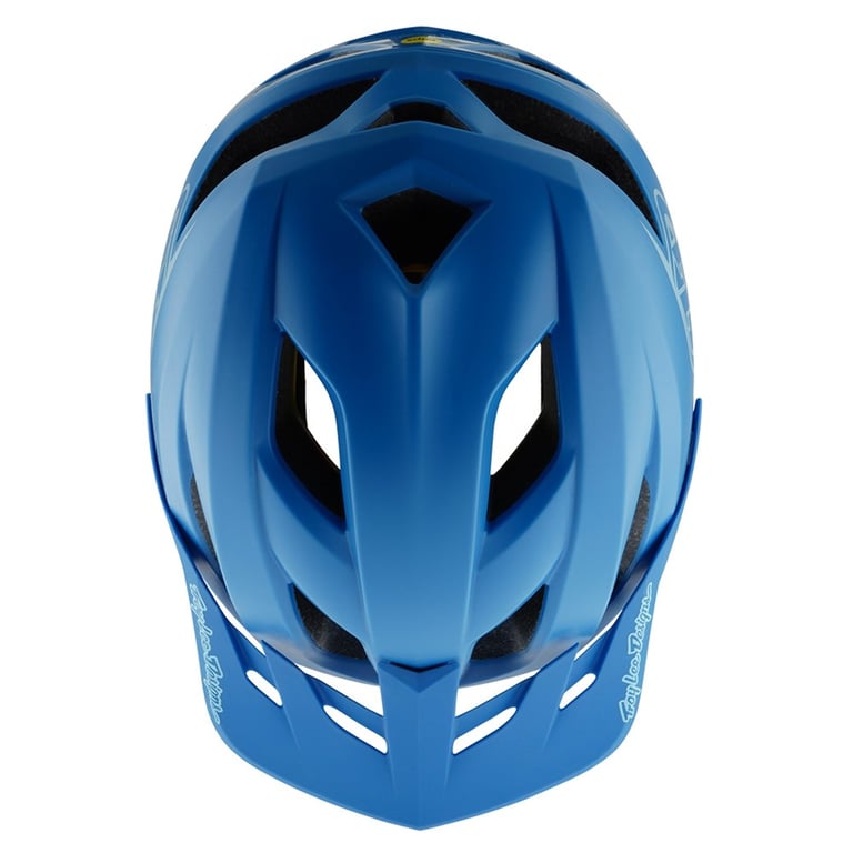 Top view of a matte blue TLD Flowline Mips kids mountain bike helmet with large ventilation ports and a visor.