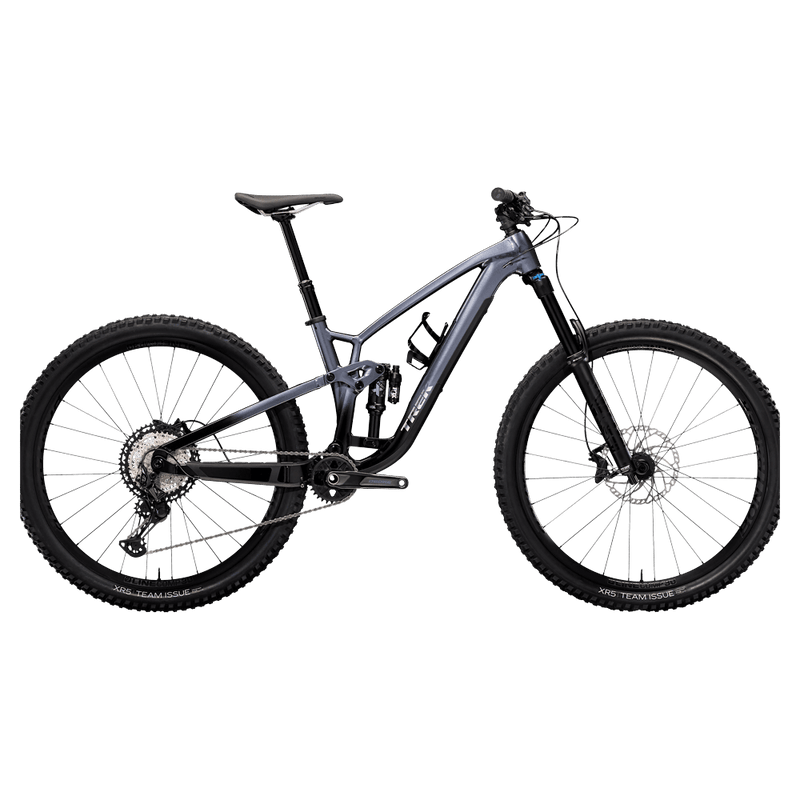 2023 Trek Fuel EX 8 Gen 6 mountain bike with a grey to black gradient frame, full suspension, and knobby tires.