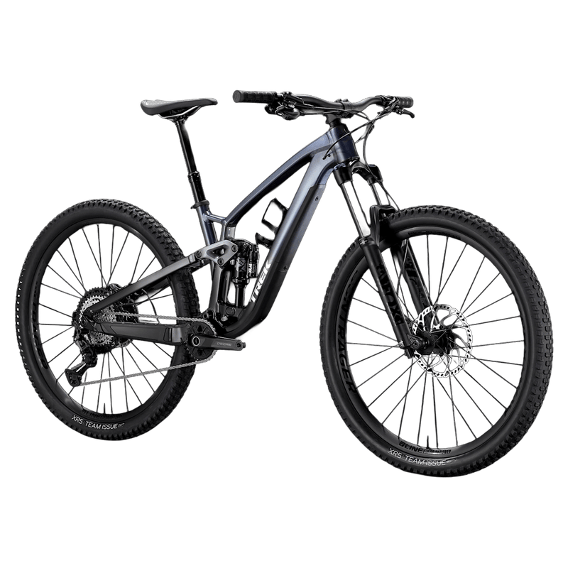 2023 Trek Fuel EX 8 Gen 6 mountain bike with a grey to black gradient frame, full suspension, and knobby tires.