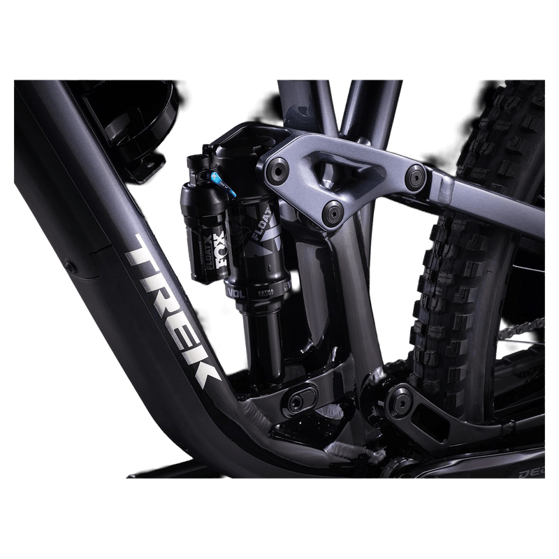 2023 Trek Fuel EX 8 Gen 6 mountain bike with a grey to black gradient frame, full suspension, and knobby tires.
