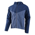 Two-tone blue Troy Lee Designs Descent Bike Jacket with a hood, full-zip front, and zippered pockets.