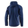 Back view of a navy blue Troy Lee Designs Descent Bike Jacket featuring a hood and light blue side panel with logo.