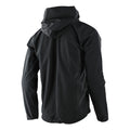 Back view of a black Troy Lee Designs Descent Bike Jacket featuring a hood and matte technical material.