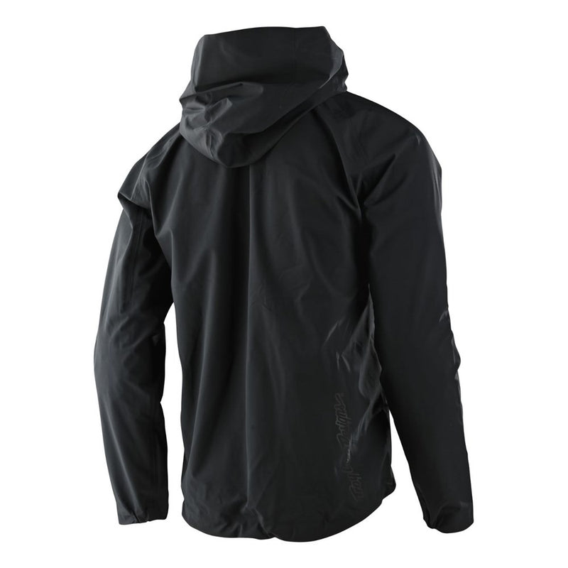 Back view of a black Troy Lee Designs Descent Bike Jacket featuring a hood and matte technical material.