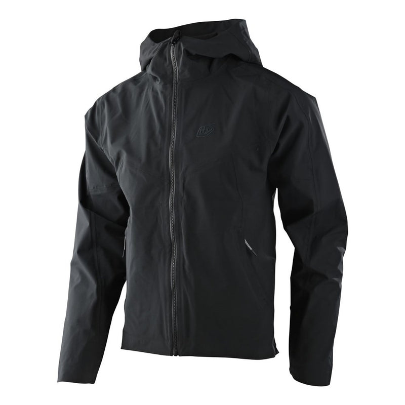 Black Troy Lee Designs Descent Bike Jacket in black with a hood and full-zip front, shown from a three-quarter angle.