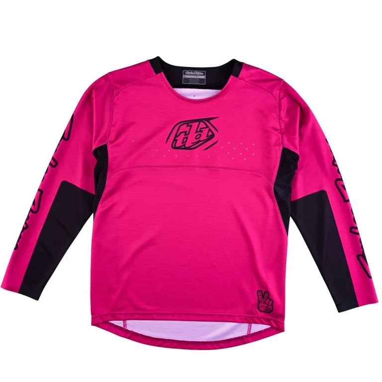 Kids Troy Lee Designs Sprint long sleeve bike jersey in bright pink with black accents and chest logo.