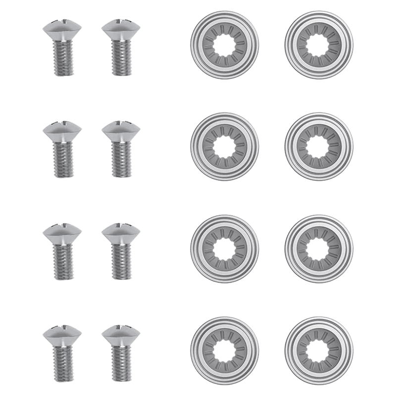 Union silver snowboard binding mounting hardware set with eight screws and eight washers on a black background.