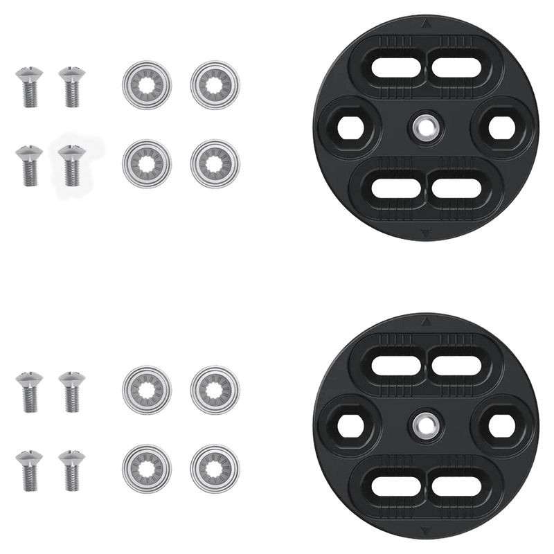Union Ultra Mini Disc snowboard binding hardware kit with two black mounting discs, eight silver screws, and washers.
