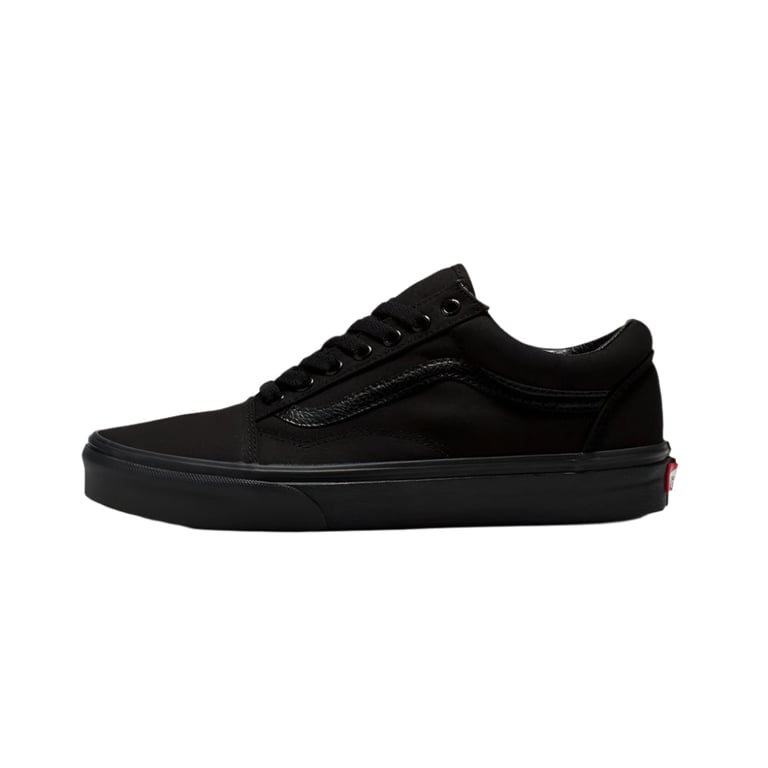 All-black Vans Old Skool low-top sneaker with black canvas upper, side stripe, and rubber sole in a side profile view.