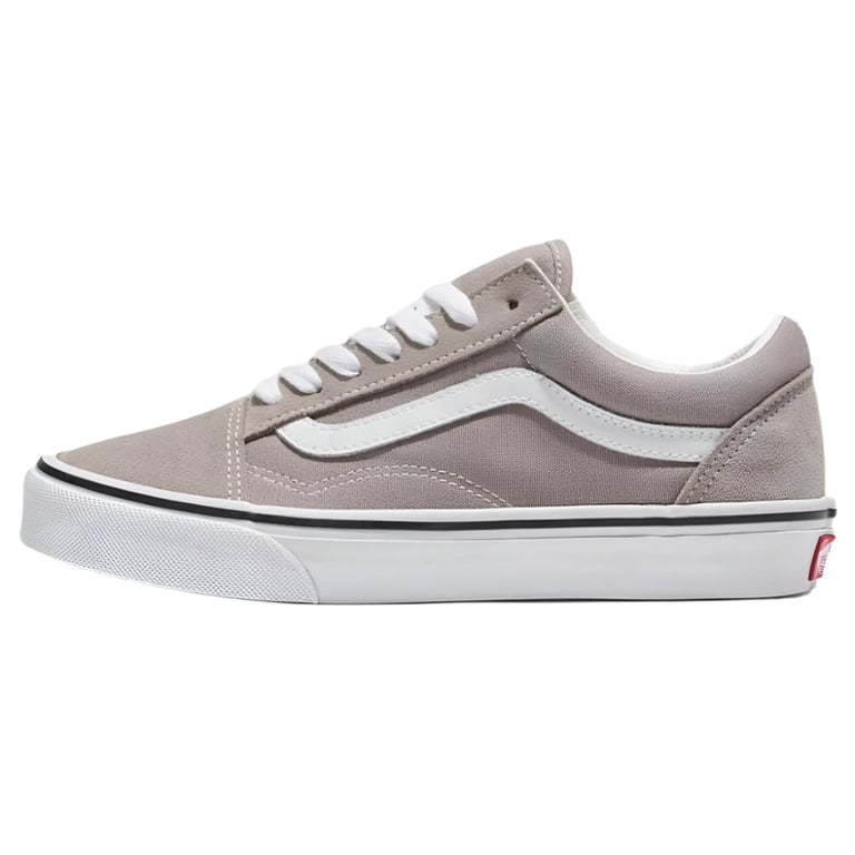 Grey Vans Old Skool shoe with white side stripe, white laces, and white rubber sole in a side profile view.