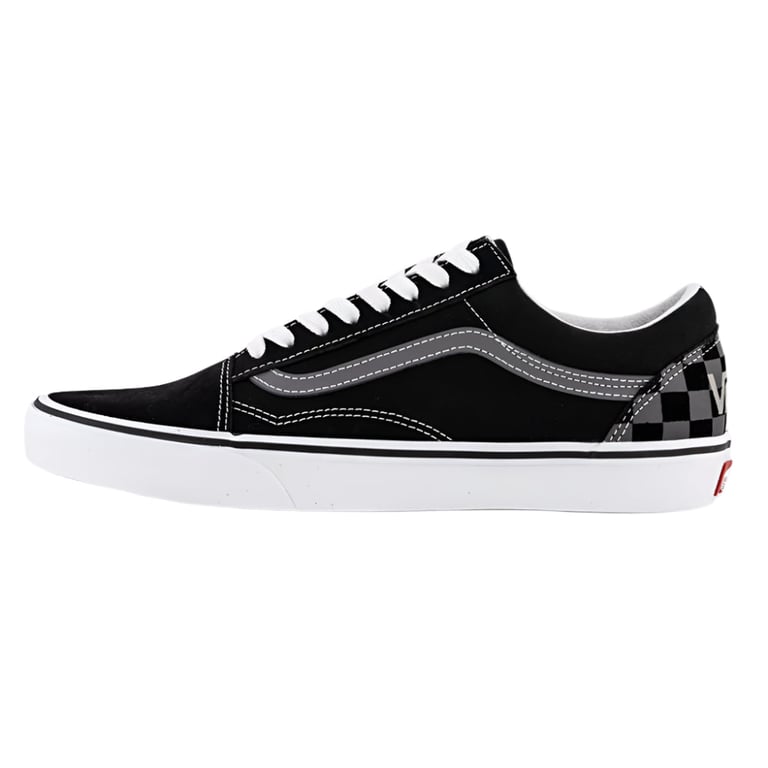 Black Vans Old Skool shoe with white laces, grey side stripe, and checkerboard heel detail on a white midsole.