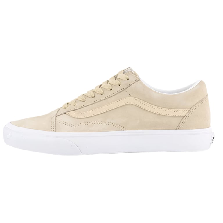 Beige suede Vans Old Skool low-top shoe with a white rubber sole and matching laces, shown from a side profile.