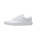 Side view of an all-white Vans Old Skool low-top sneaker with matching laces, side stripe, and rubber midsole.