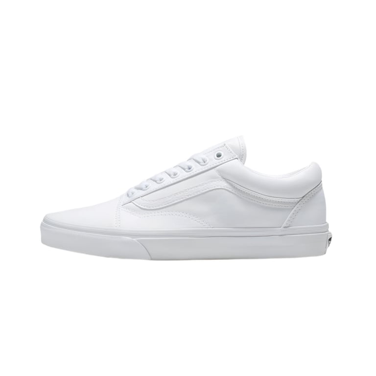 Side view of an all-white Vans Old Skool low-top sneaker with matching laces, side stripe, and rubber midsole.