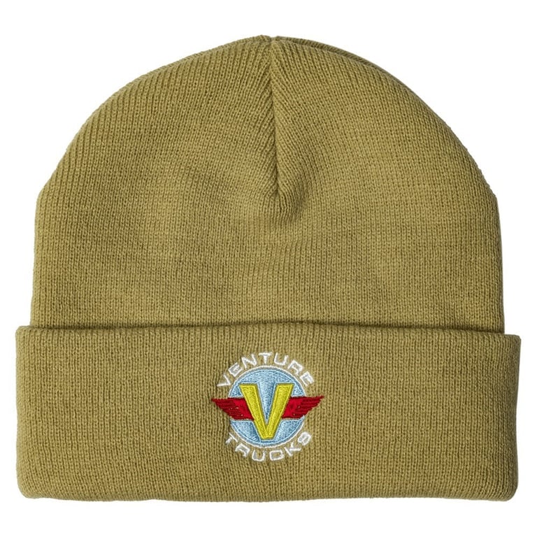 Olive green knit beanie with a folded cuff featuring an embroidered Venture Trucks V-Wing logo.