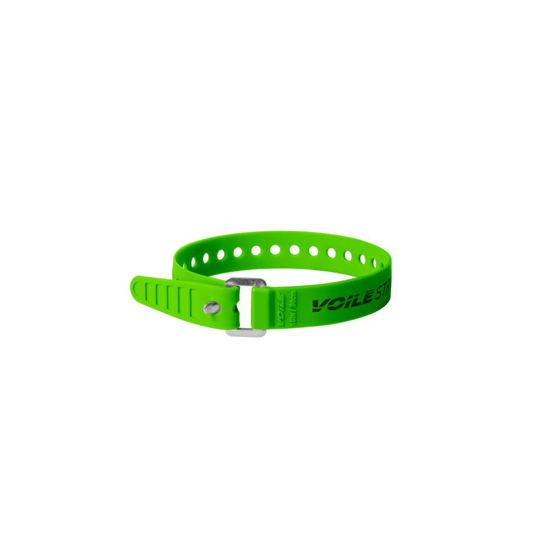 Green Voile strap with holes and aluminum buckle with black Voile branding.
