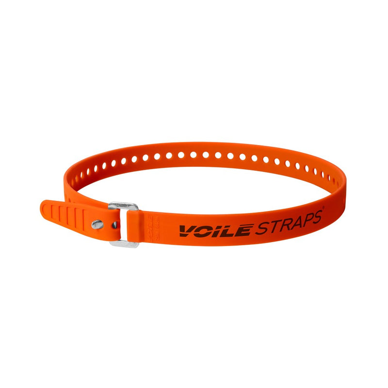 Orange Voile strap with holes and aluminum buckle with black Voile branding.