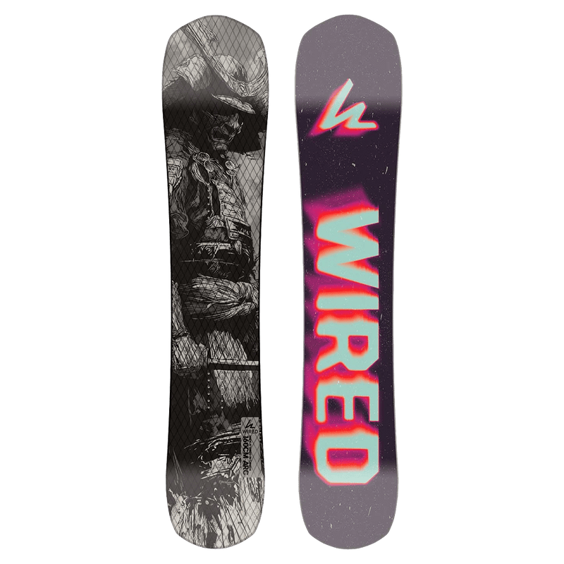 Wired Arc Snowboard with a black and white samurai top graphic and a neon pink and orange logo on the dark base.