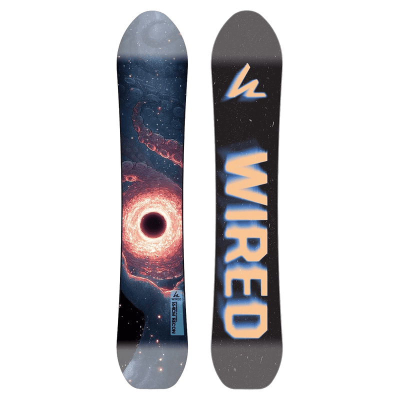 Wired 2027 Recon Snowboard featuring a space-themed black hole graphic and a black base with a blurred orange logo.