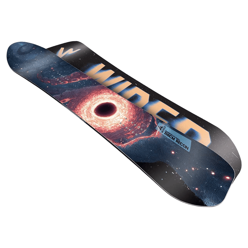Wired 2027 Recon Snowboard featuring a space-themed black hole graphic and a black base with a blurred orange logo.2