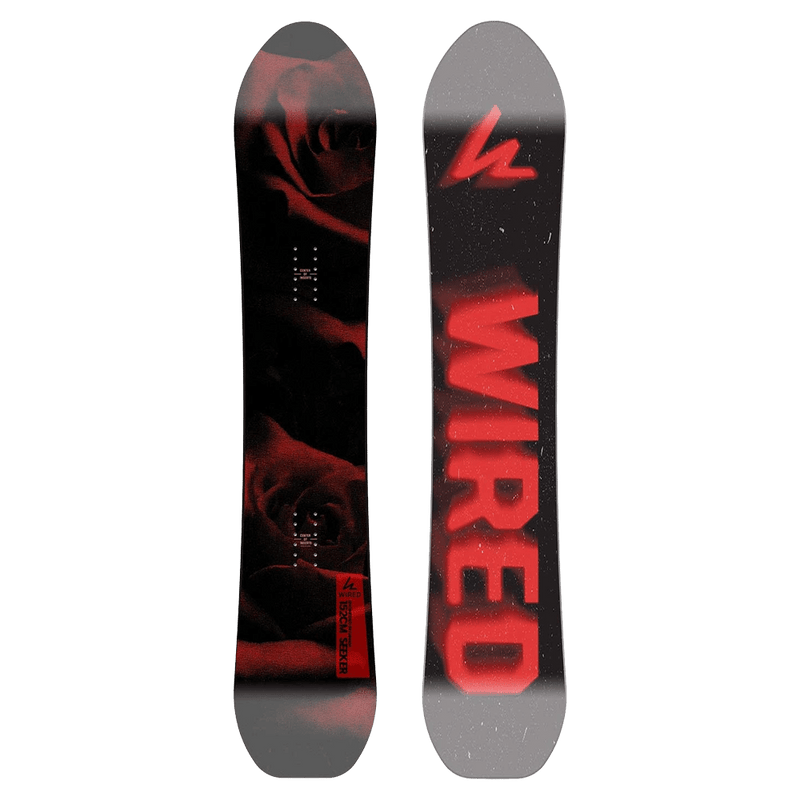 Wired 2027 Seeker Womens Snowboard featuring a black top sheet with red roses and a black base with bold red branding.