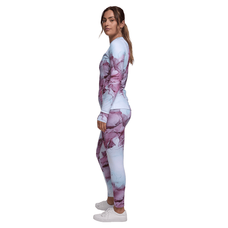 Side view of women wearing Rojo Living Best Life Crew Neck Top - Womens in Rosewater