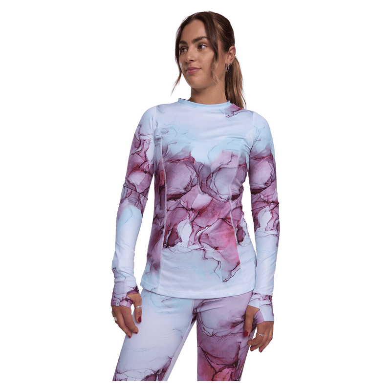 Front view of women wearing Rojo Living Best Life Crew Neck Top - Womens in Rosewater