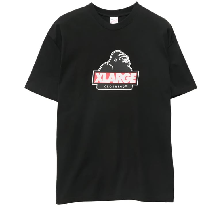 Black short-sleeve t-shirt with a central X-Large gorilla graphic logo in red and white.