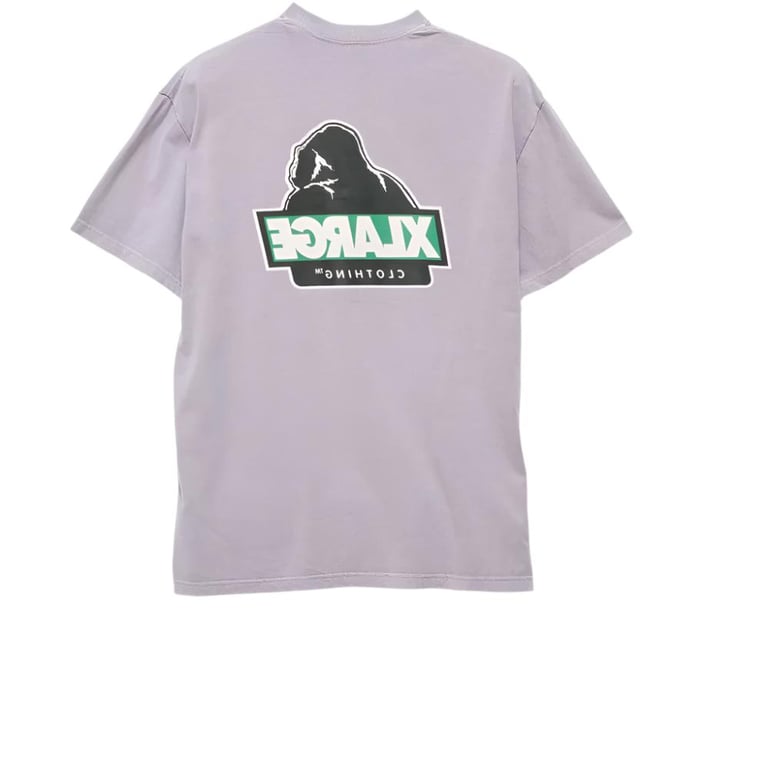 Back view of a lavender X Large short-sleeve t-shirt featuring a large gorilla and green logo graphic on the center.