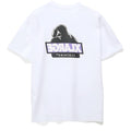 White short-sleeve t-shirt back view featuring a black gorilla silhouette and a mirrored purple XLARGE logo graphic.