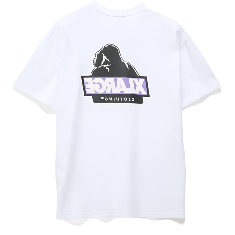 White short-sleeve t-shirt back view featuring a black gorilla silhouette and a mirrored purple XLARGE logo graphic.