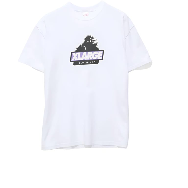 White XLARGE Slanted SS T-Shirt with a purple and black gorilla logo graphic on the chest.