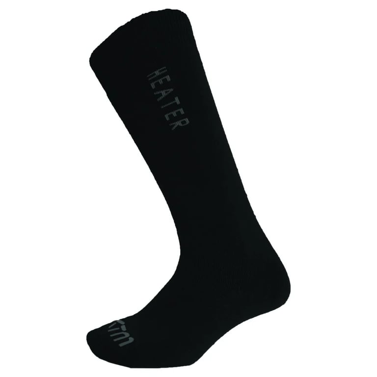 Black knee-high XTM Heater socks featuring grey HEATER branding on the calf and XTM logo on the toe.