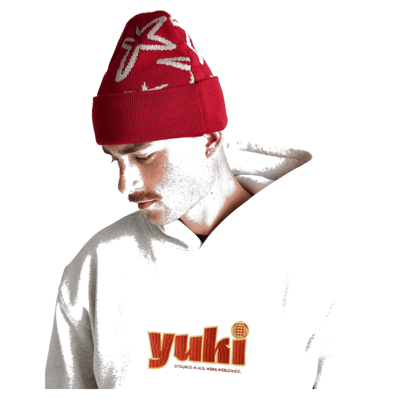 Side  view of the Yuki Threads Interstellar Beanie Red Snowboards,  26/27 's model