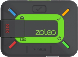 Dark grey Zoleo Satellite Communicator with a green center, SOS button, and four colored LED status indicators.