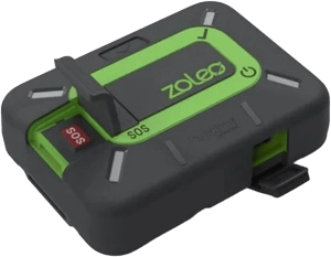 Rugged black and green Zoleo Satellite Communicator with a red SOS button and LED status indicators.