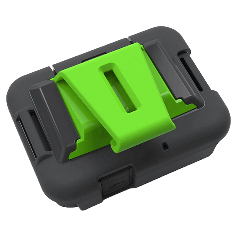 Zoleo Satellite Communicator Cradle Kit with a dark grey plastic housing and a bright lime green belt clip.