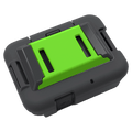 Angled view of a dark grey and lime green Zoleo Satellite Communicator mounting cradle with strap slots.