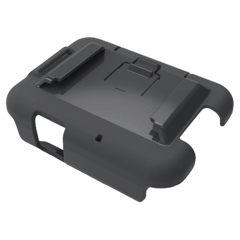 Matte black plastic Zoleo Satellite Communicator cradle with mounting clips and port cutouts at a three-quarter angle.