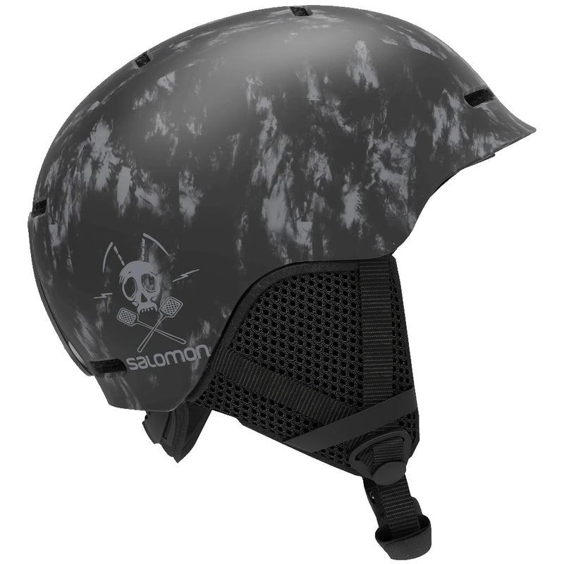 Main view of Salomon Grom Helmet in Black Tie Dye colour, featuring fixed ventilation channel and a dial-fit system