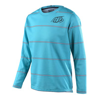 Long sleeve kids mountain bike jersey in blue with white stripes.